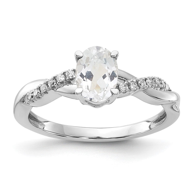 14K White Gold 7x5 Oval April/White Topaz and Diamond Size 7 Ring