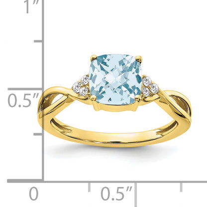 10K Yellow Gold Checkerboard Aquamarine And Diamond Ring