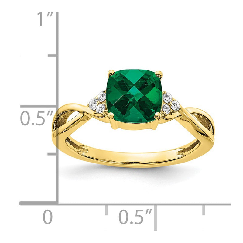 10K Yellow Gold Checkerboard Created Emerald And Diamond Ring