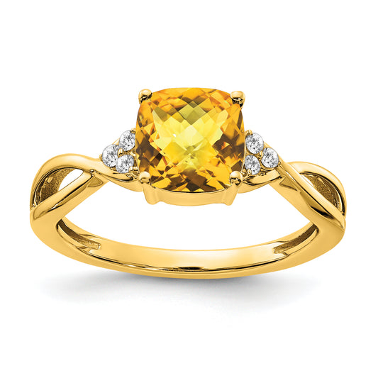 10K Yellow Gold Checkerboard Citrine And Diamond Ring