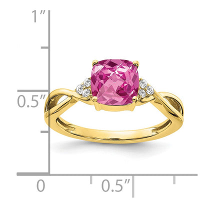 10K Yellow Gold Checkerboard Created Pink Sapphire And Diamond Ring