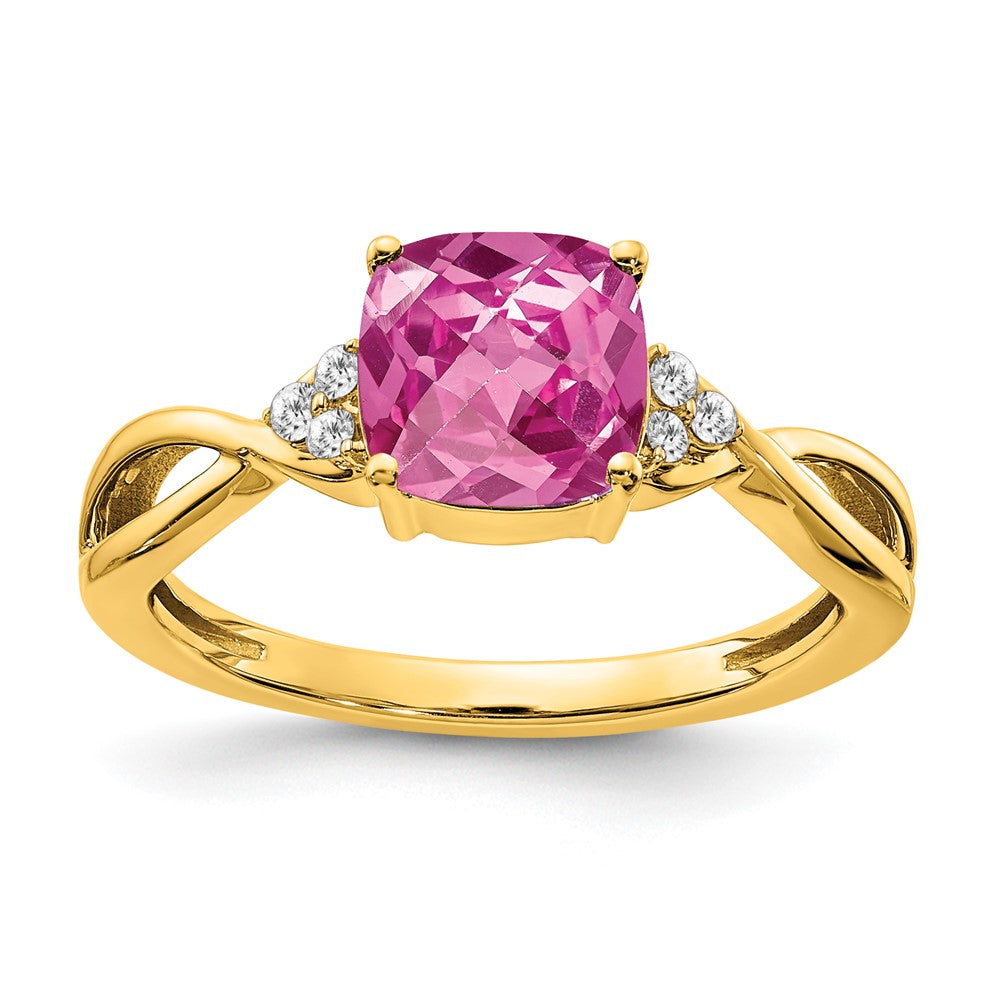 10K Yellow Gold Checkerboard Created Pink Sapphire And Diamond Ring