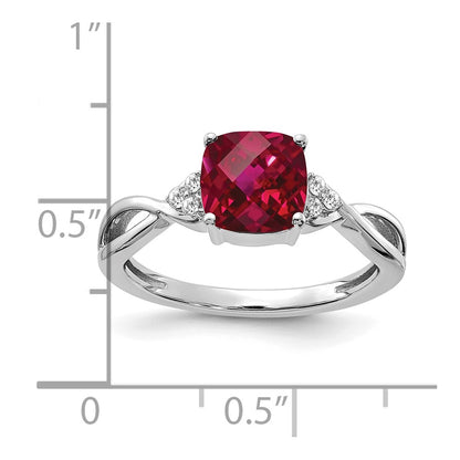 14K White Gold 7mm Cushion Checkerboard July/Lab Created Ruby and Diamond Ring