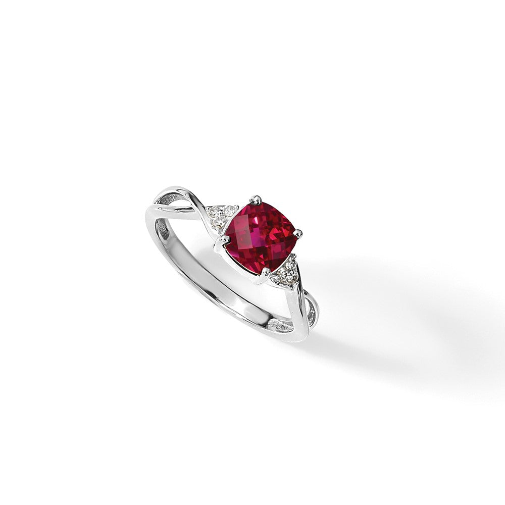 14K White Gold 7mm Cushion Checkerboard July/Lab Created Ruby and Diamond Ring