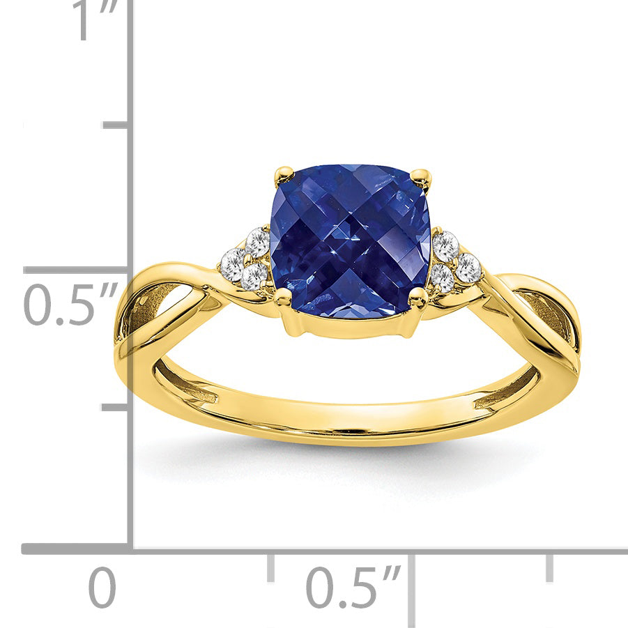 10K Yellow Gold Checkerboard Created Sapphire And Diamond Ring