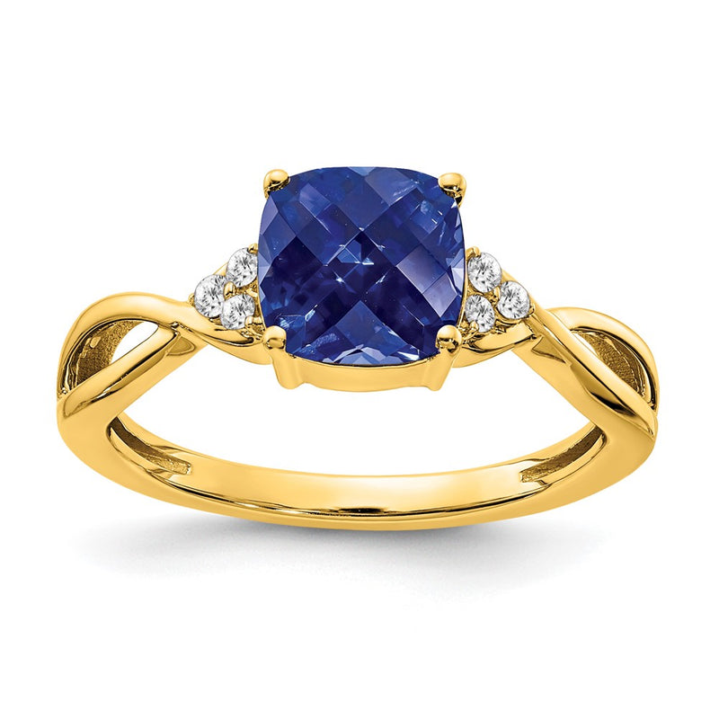 10K Yellow Gold Checkerboard Created Sapphire And Diamond Ring