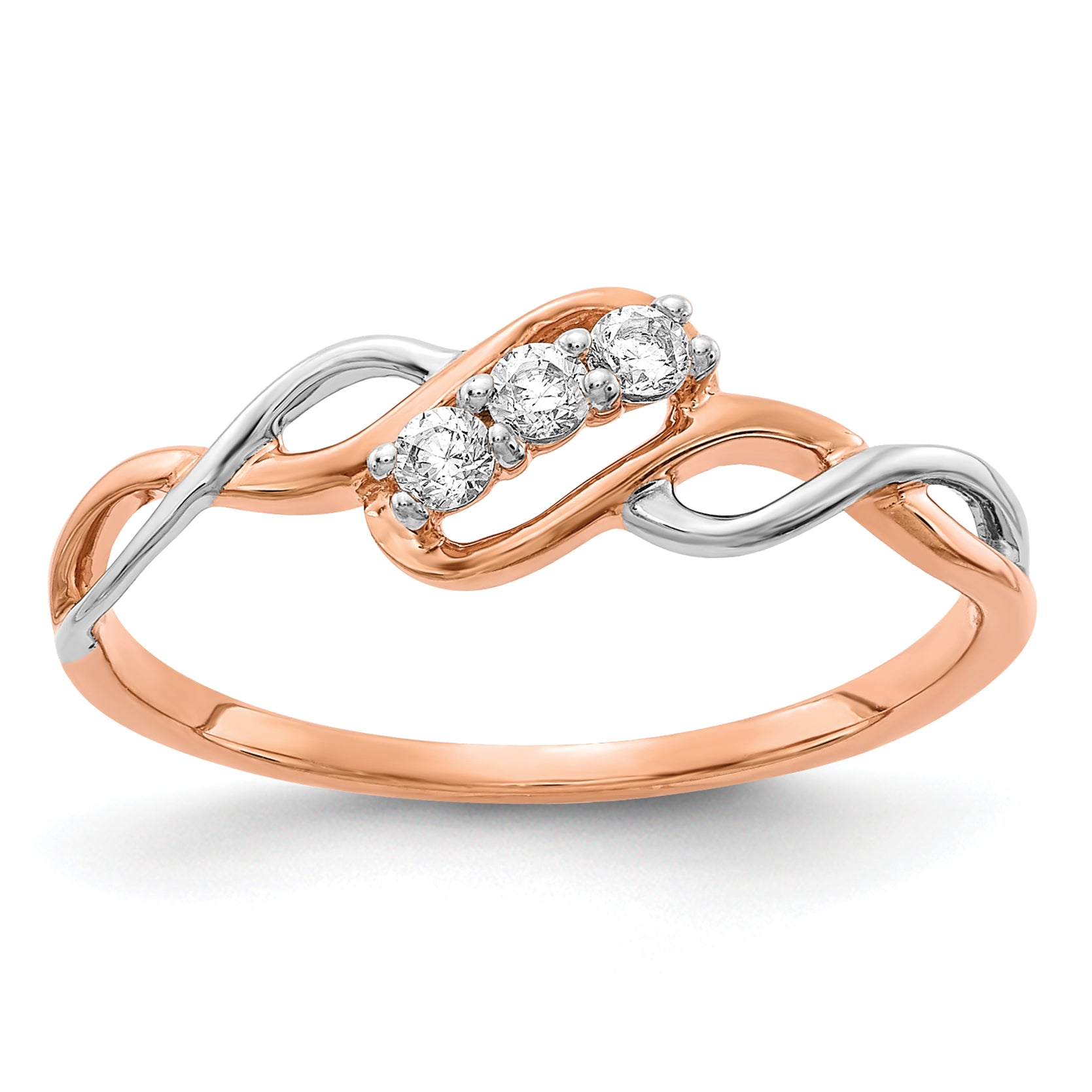 14k Two-Tone Rose and White Gold 1/6 Ct. Lab Grown Diamond VS/SI+ G+ Three Stone Twist Ring