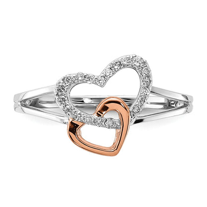 14K Two Tone White/Rose Gold Diamond Double Heart Ring