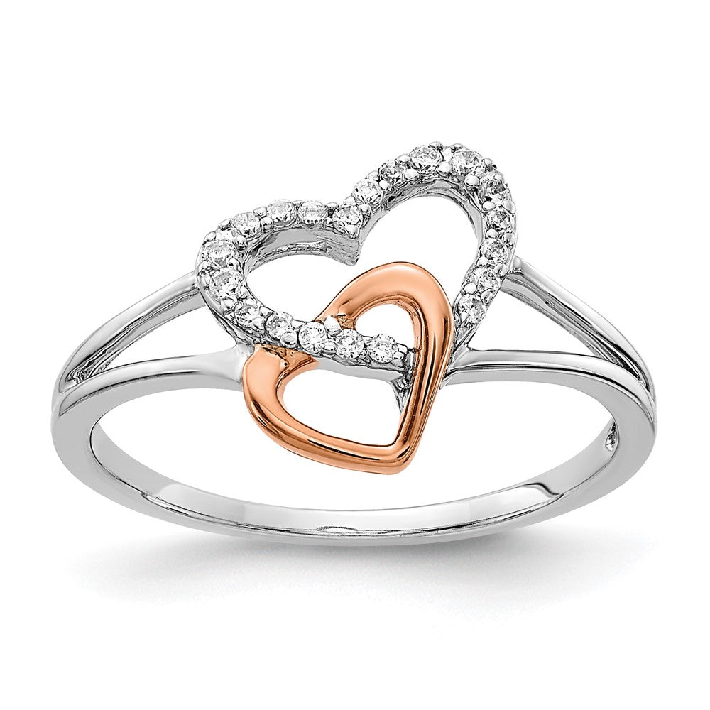 14K Two Tone White/Rose Gold Diamond Double Heart Ring