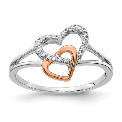 14K Two Tone White/Rose Gold Diamond Double Heart Ring