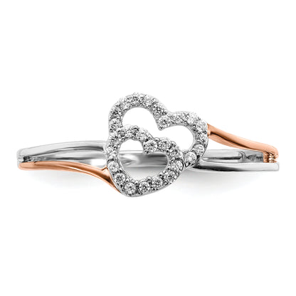 14K Two Tone White And Rose Gold Diamond Polished Double Heart Ring