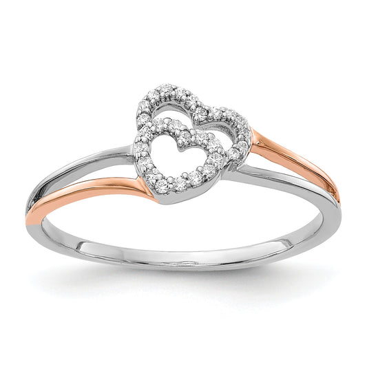 14K Two Tone White And Rose Gold Diamond Polished Double Heart Ring