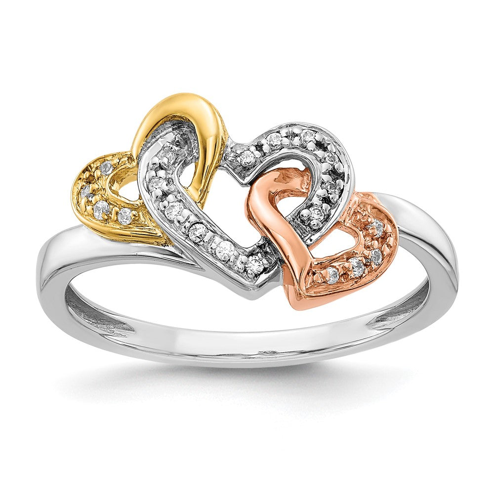 14K Tri Color Diamond Triple Heart Ring