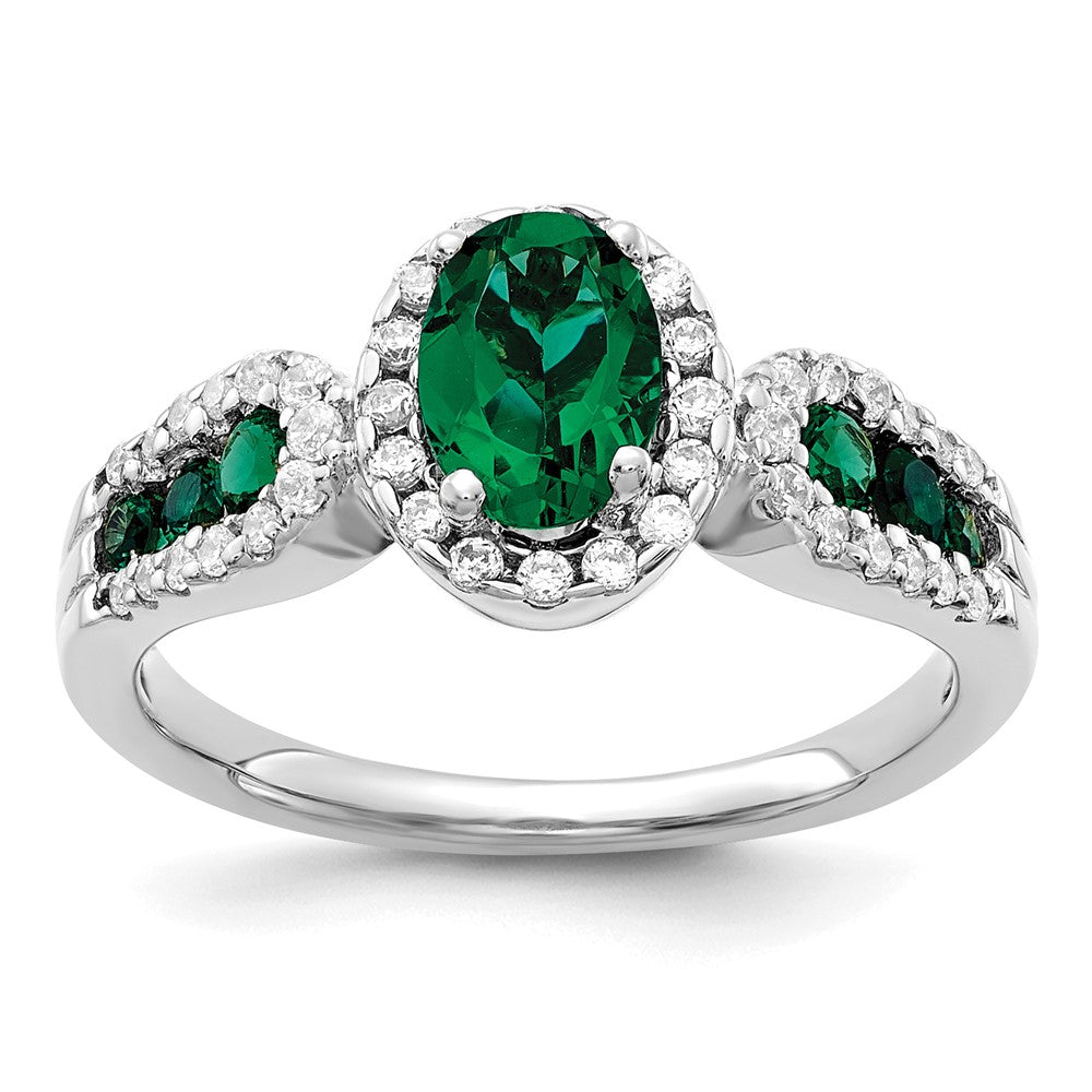14k White Gold 1/3 Ct. Lab Grown Diamond VS/SI+ G+ and Oval Lab Created Emerald Ring