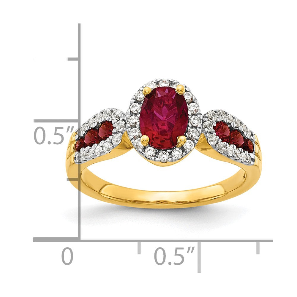 14k Yellow Gold 1/3 Ct. Lab Grown Diamond VS/SI+ G+ and Oval Lab Created Ruby Ring