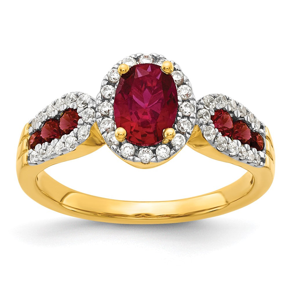 14k Yellow Gold 1/3 Ct. Lab Grown Diamond VS/SI+ G+ and Oval Lab Created Ruby Ring