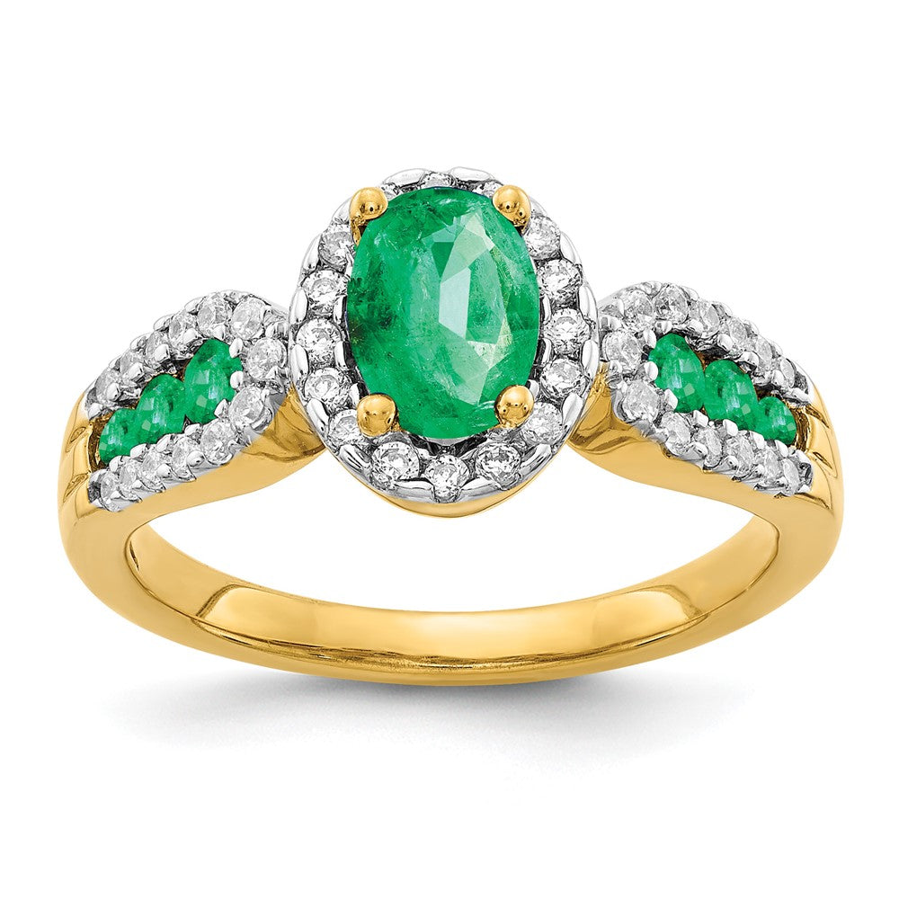 14k Yellow Gold 1/3 Ct. Lab Grown Diamond VS/SI+ G+ and Oval Lab Created Emerald Ring