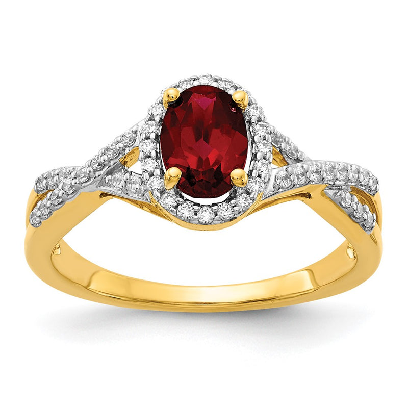 14k Yellow Gold 1/5 Ct. Lab Grown Diamond VS/SI+ G+ and Lab Created Ruby Oval Halo Ring