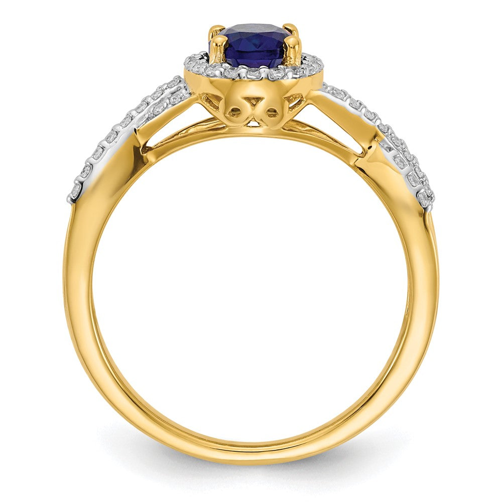 14k Yellow Gold 1/5 Ct. Lab Grown Diamond VS/SI+ G+ and Lab Created Blue Sapphire Oval Halo Ring