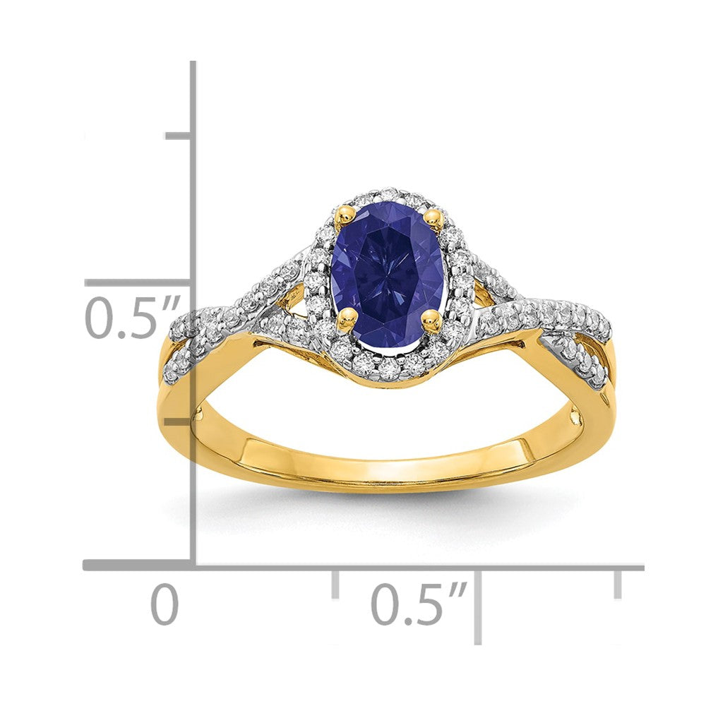 14k Yellow Gold 1/5 Ct. Lab Grown Diamond VS/SI+ G+ and Lab Created Blue Sapphire Oval Halo Ring