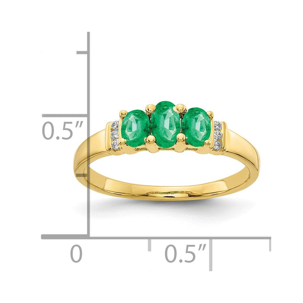 10K Yellow Gold Polished Triple Emerald And Diamond 3-Stone Ring