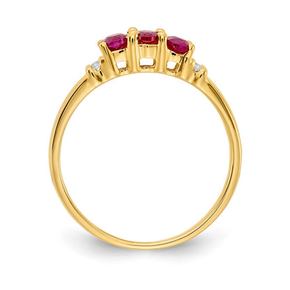 10K Yellow Gold Polished Triple Ruby And Diamond 3-Stone Ring