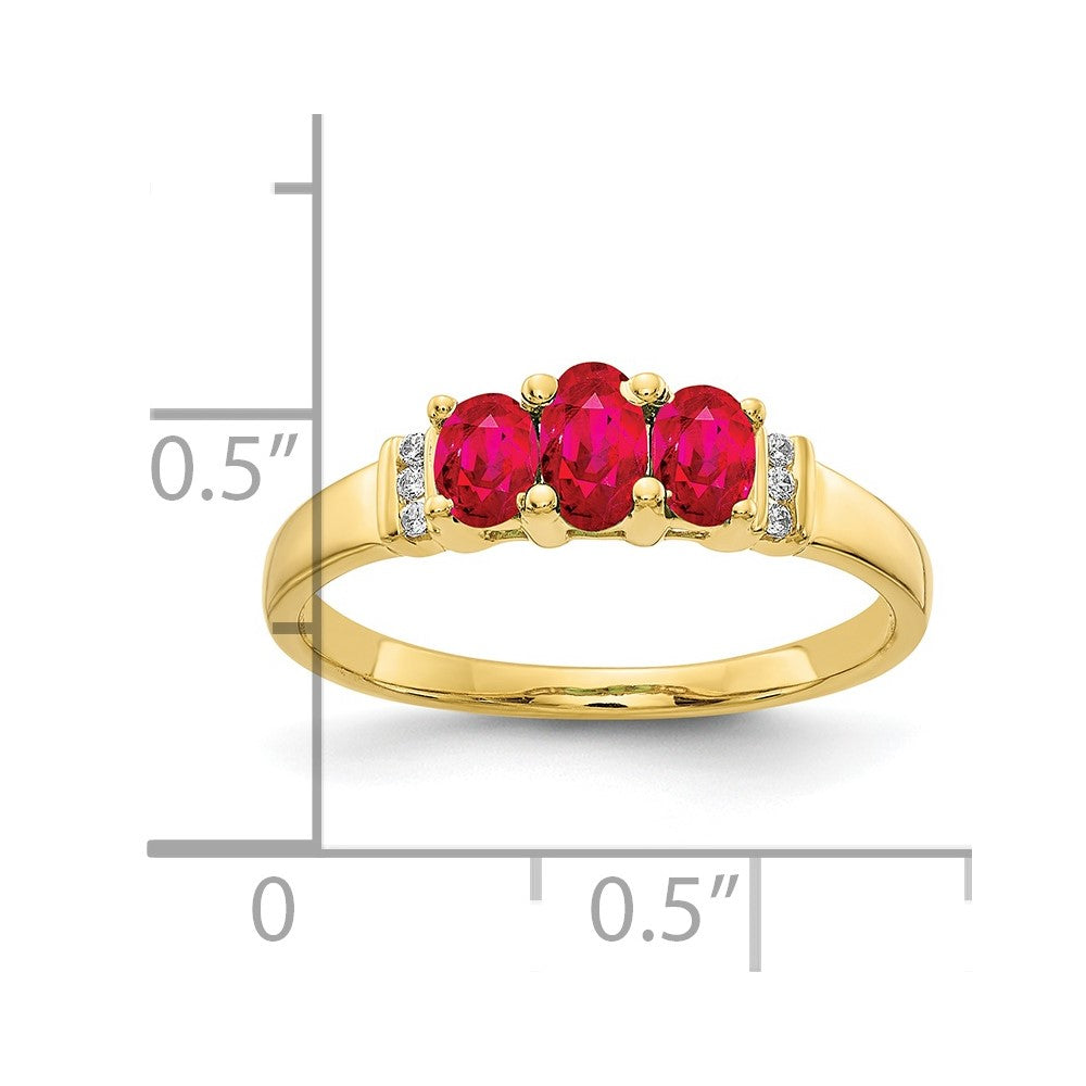 10K Yellow Gold Polished Triple Ruby And Diamond 3-Stone Ring