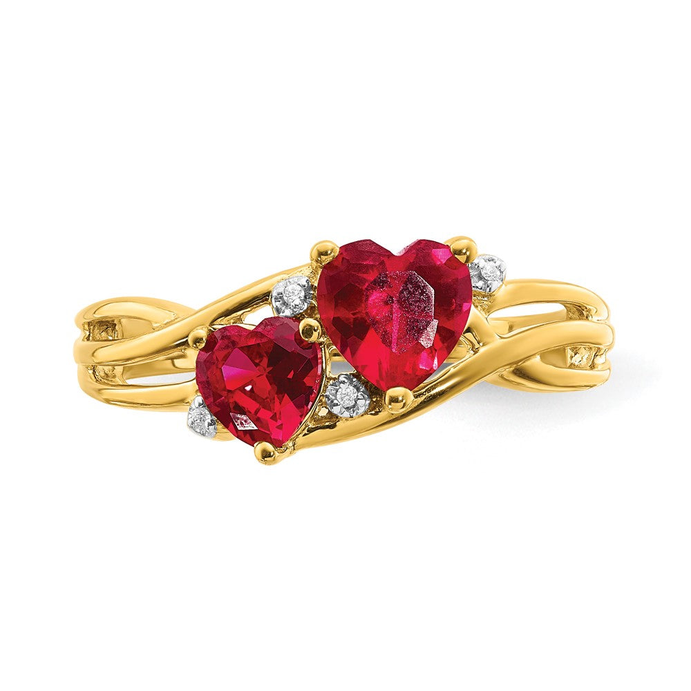 10K Yellow Gold Lab Created Ruby And Diamond Double Heart Ring