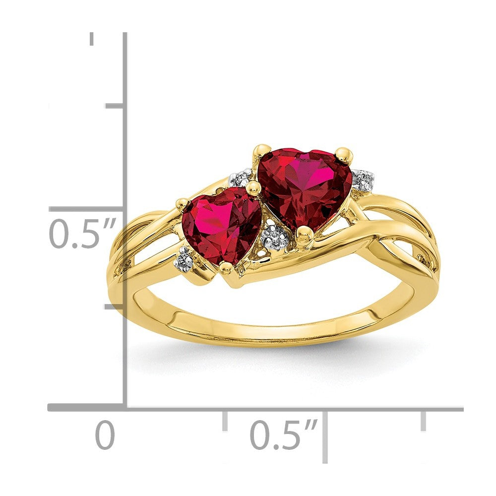 10K Yellow Gold Lab Created Ruby And Diamond Double Heart Ring