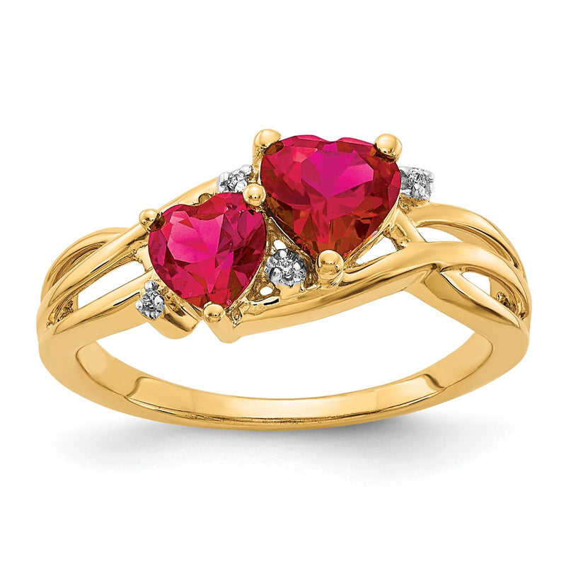 10K Yellow Gold Lab Created Ruby And Diamond Double Heart Ring