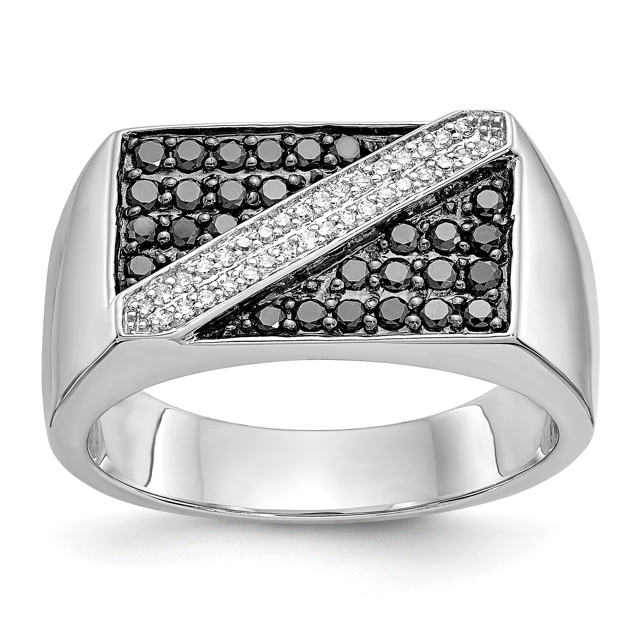 14K White Gold Black And Diamond Mens Ring