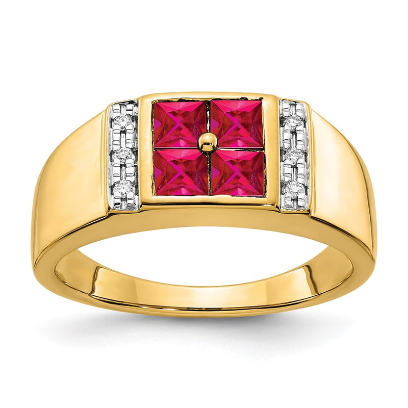 14k Yellow Gold 1/20 Ct. Lab Grown Diamond VS/SI+ G+ and Lab Created Ruby Men's Ring
