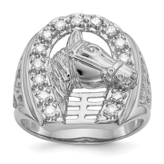 14K White Gold Mens Real Diamond Horseshoe with Horse in Center Ring (Copy)