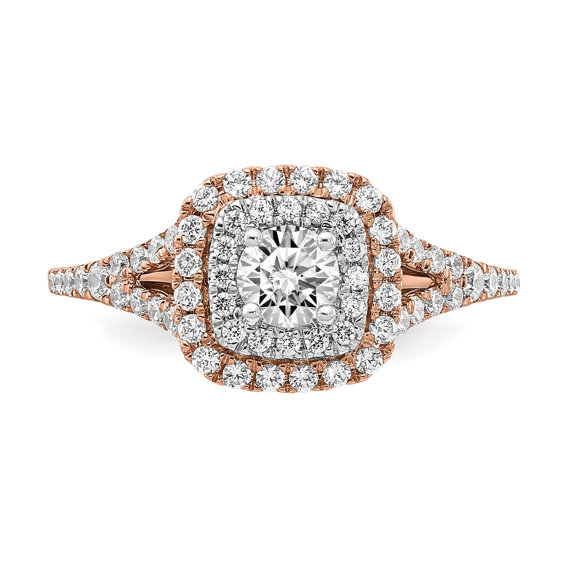 14K Two Tone Rose And White Gold Double Halo (Holds 1/3 Carat (4.5mm) Round Center) 1/2 Diamond Semi Mount Engagement Ring
