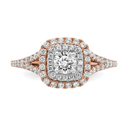 14K Two Tone Rose And White Gold Double Halo (Holds 1/3 Carat (4.5mm) Round Center) 1/2 Diamond Semi Mount Engagement Ring