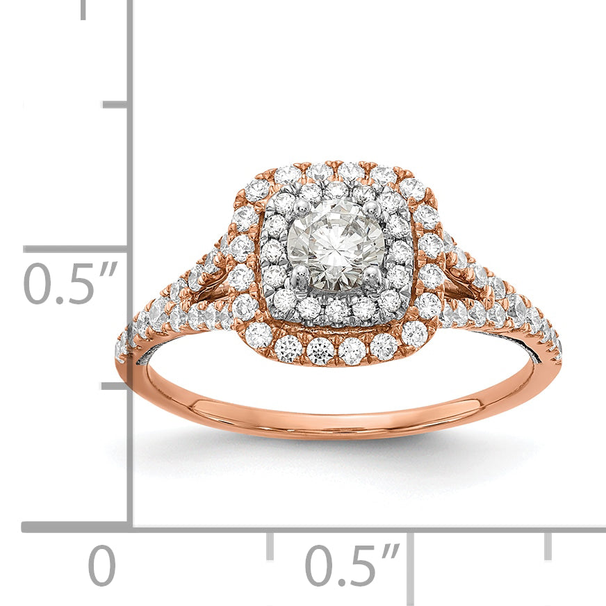 14K Two Tone Rose And White Gold Double Halo (Holds 1/3 Carat (4.5mm) Round Center) 1/2 Diamond Semi Mount Engagement Ring