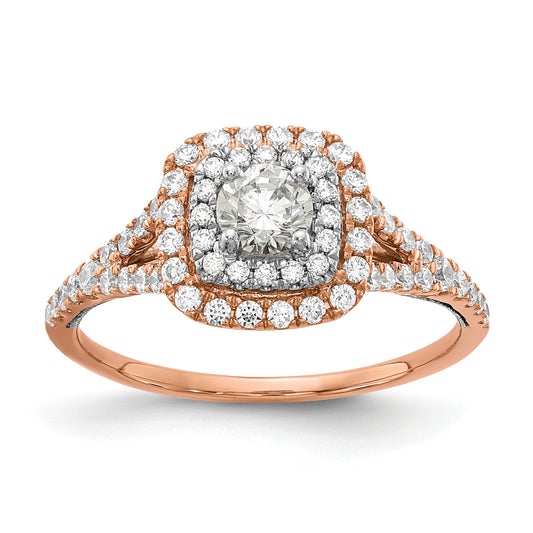14K Two Tone Rose And White Gold Double Halo (Holds 1/3 Carat (4.5mm) Round Center) 1/2 Diamond Semi Mount Engagement Ring