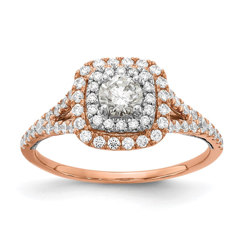 14K Two Tone Rose And White Gold Double Halo (Holds 1/3 Carat (4.5mm) Round Center) 1/2 Diamond Semi Mount Engagement Ring