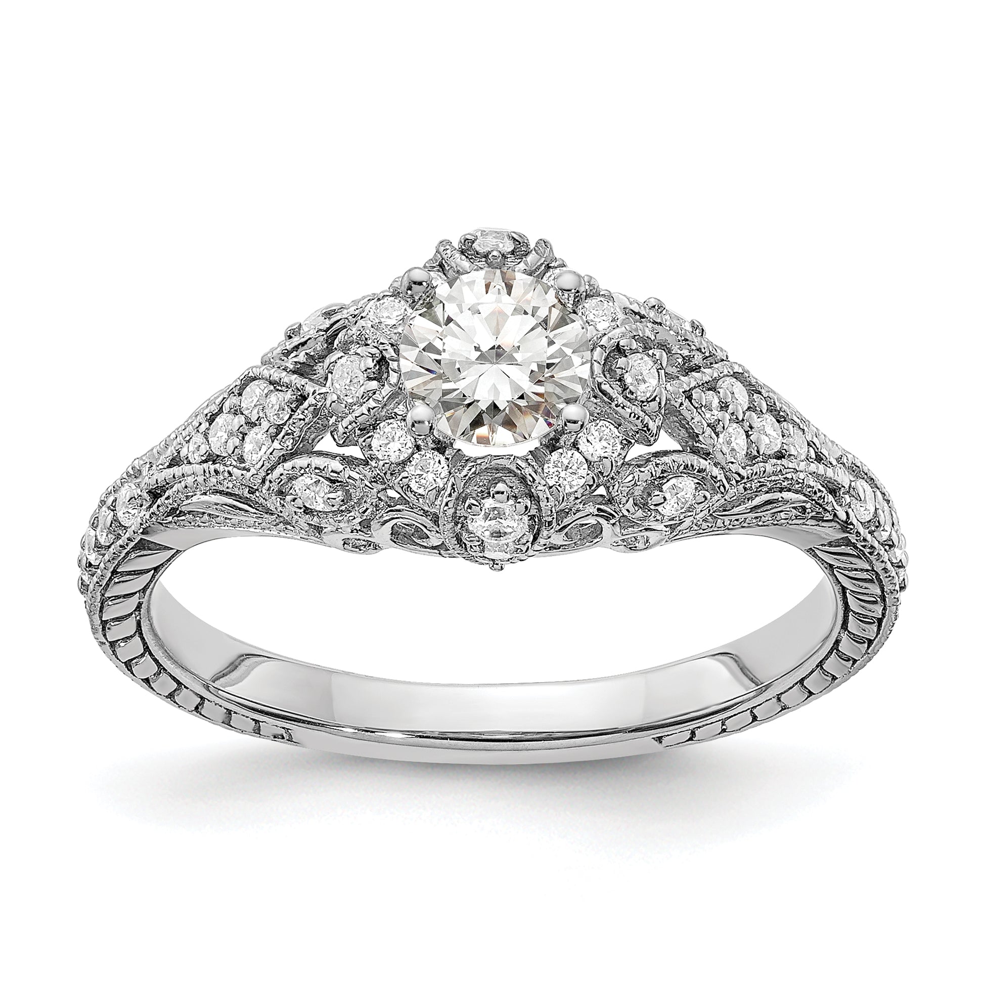 14K White Gold (Holds 3/8 Carat (4.8mm) Round Center) 1/5 Diamond Semi Mount Engagement Ring