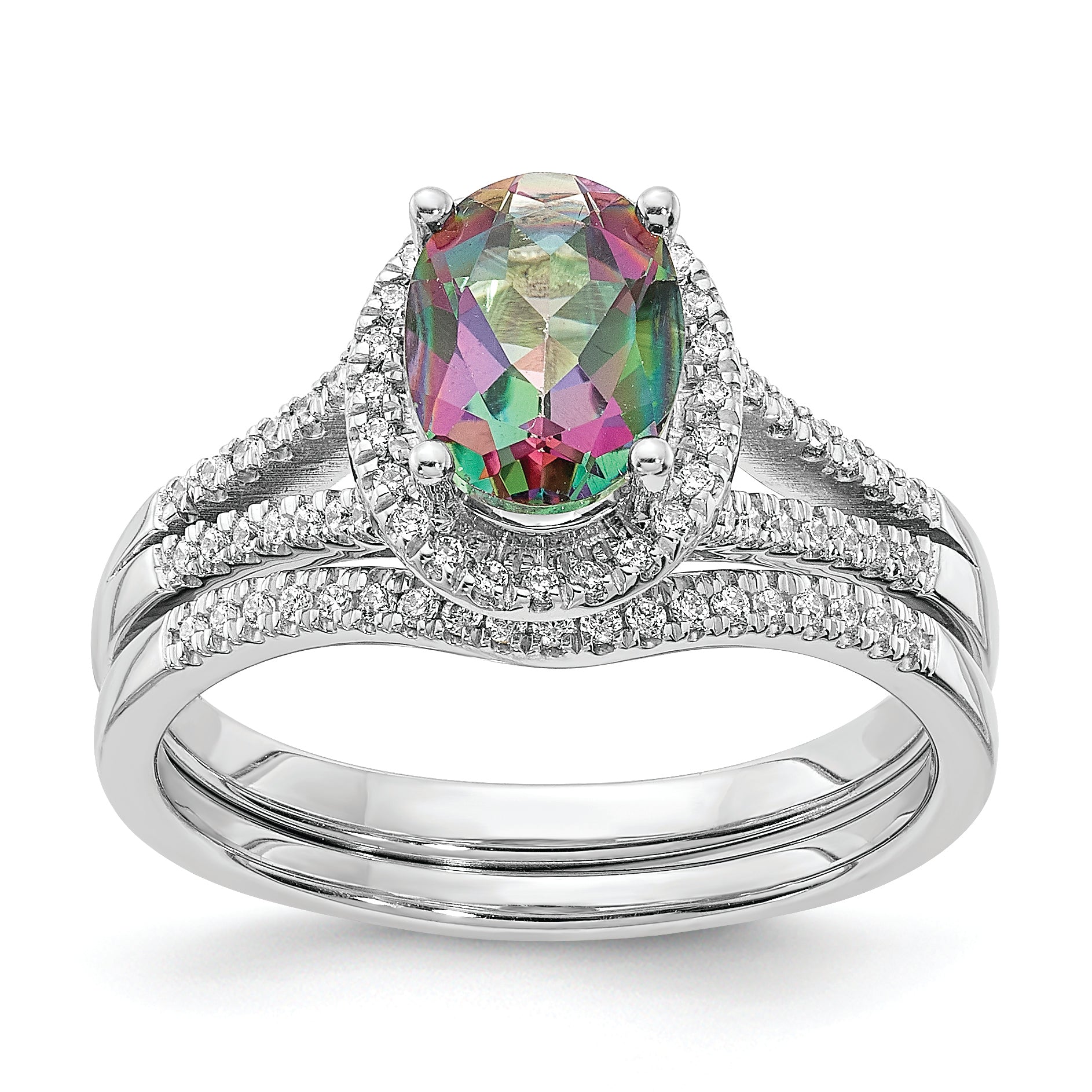 14k White Gold Mystic Fire Real Diamond Halo Engagement Ring