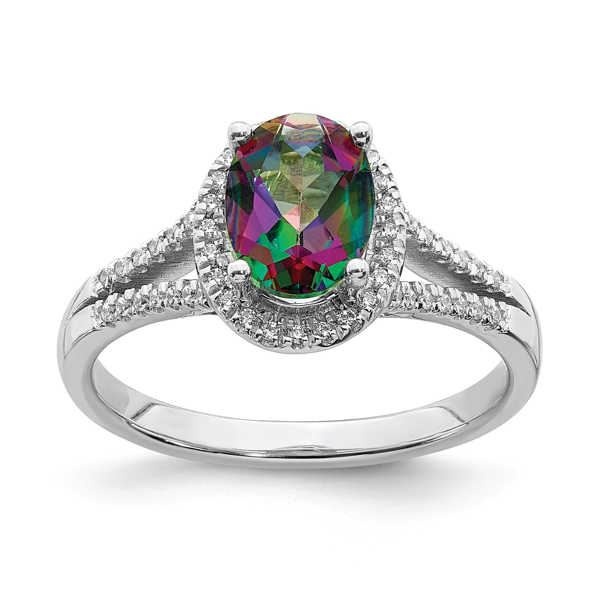14k White Gold Mystic Fire Real Diamond Halo Engagement Ring