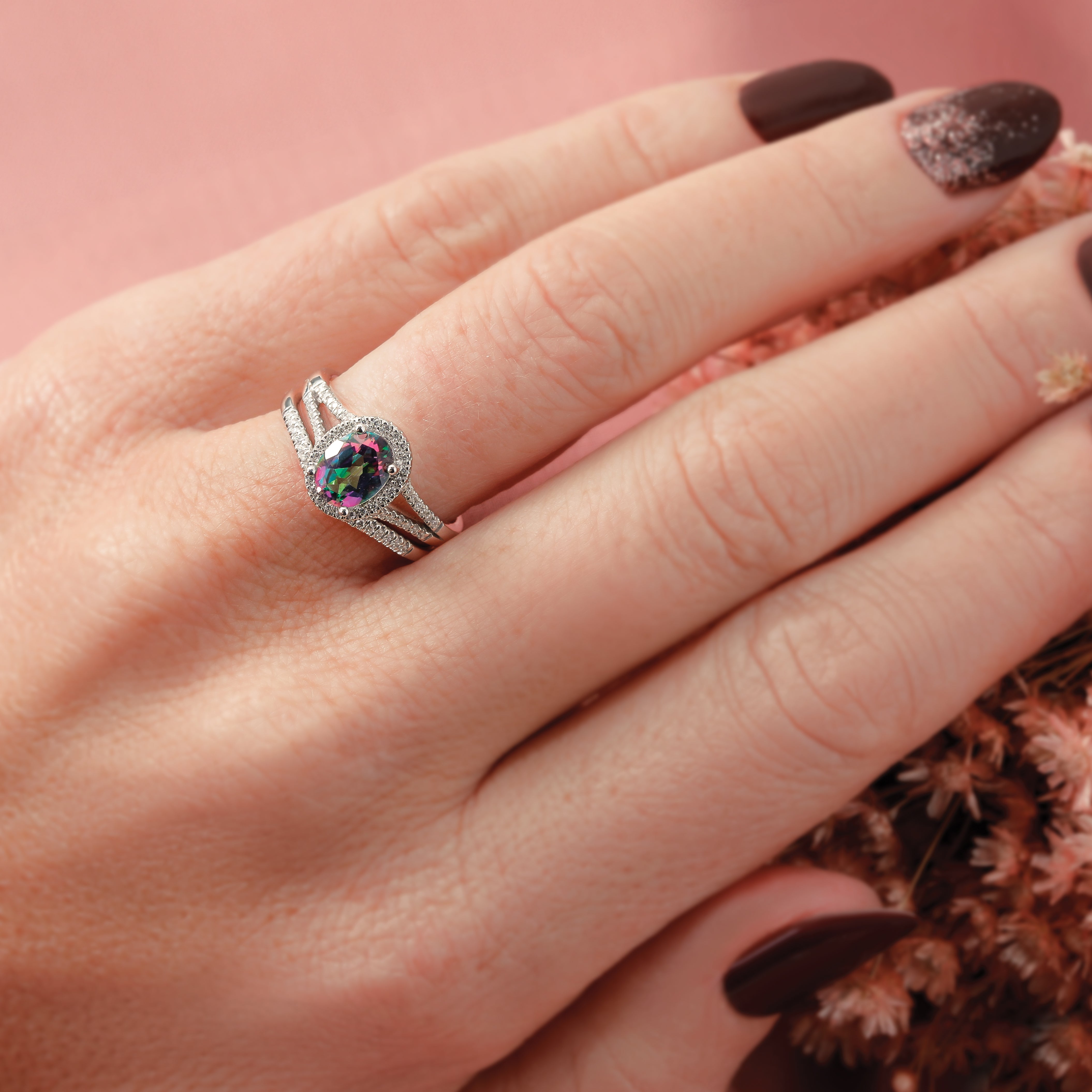 14k White Gold Mystic Fire Real Diamond Halo Engagement Ring