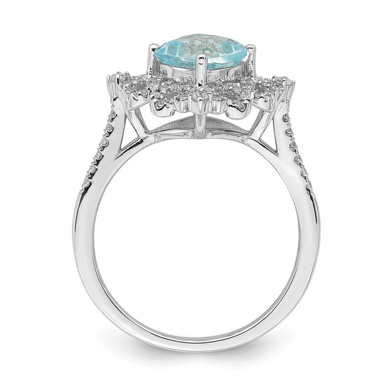 14K White Gold Blooming Bridal Vintage 7.00mm Cushion Cut Aquamarine And 1/3 Carat Diamond Complete Engagement Ring