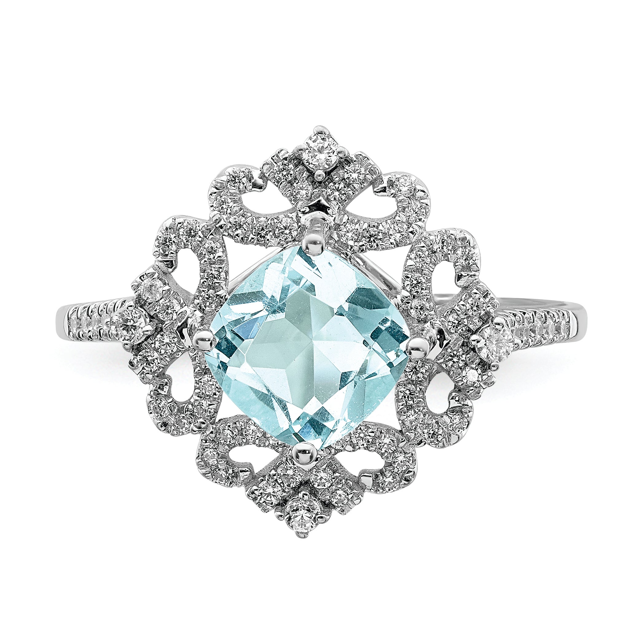 14K White Gold Blooming Bridal Vintage 7.00mm Cushion Cut Aquamarine And 1/3 Carat Diamond Complete Engagement Ring