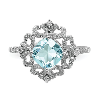 14K White Gold Blooming Bridal Vintage 7.00mm Cushion Cut Aquamarine And 1/3 Carat Diamond Complete Engagement Ring