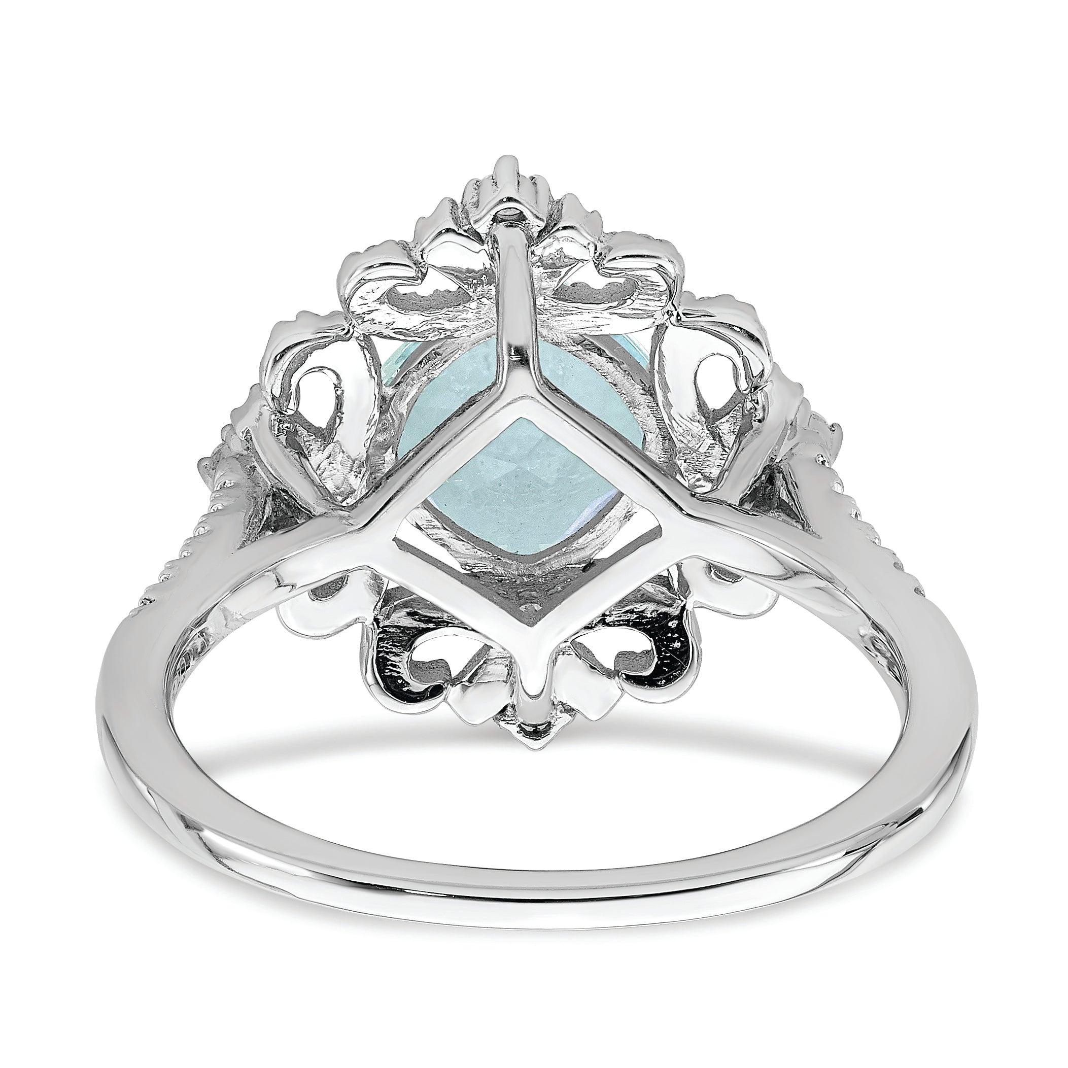 14K White Gold Blooming Bridal Vintage 7.00mm Cushion Cut Aquamarine And 1/3 Carat Diamond Complete Engagement Ring