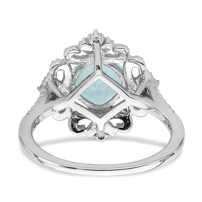14K White Gold Blooming Bridal Vintage 7.00mm Cushion Cut Aquamarine And 1/3 Carat Diamond Complete Engagement Ring