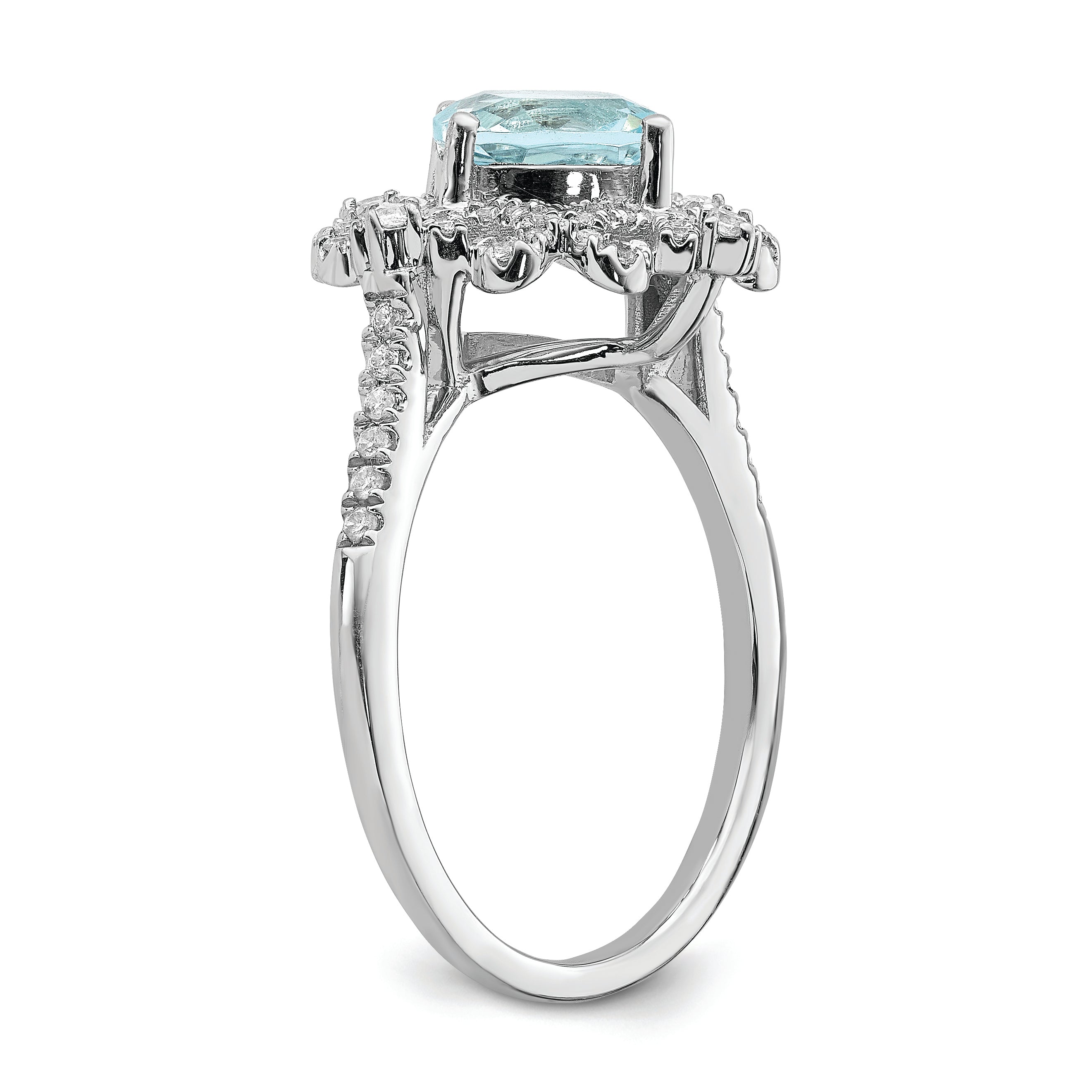 14K White Gold Blooming Bridal Vintage 7.00mm Cushion Cut Aquamarine And 1/3 Carat Diamond Complete Engagement Ring