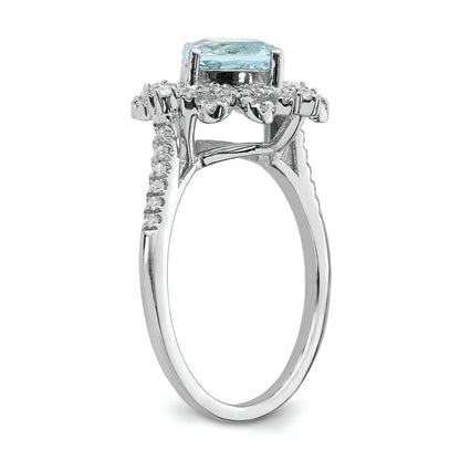 14K White Gold Blooming Bridal Vintage 7.00mm Cushion Cut Aquamarine And 1/3 Carat Diamond Complete Engagement Ring