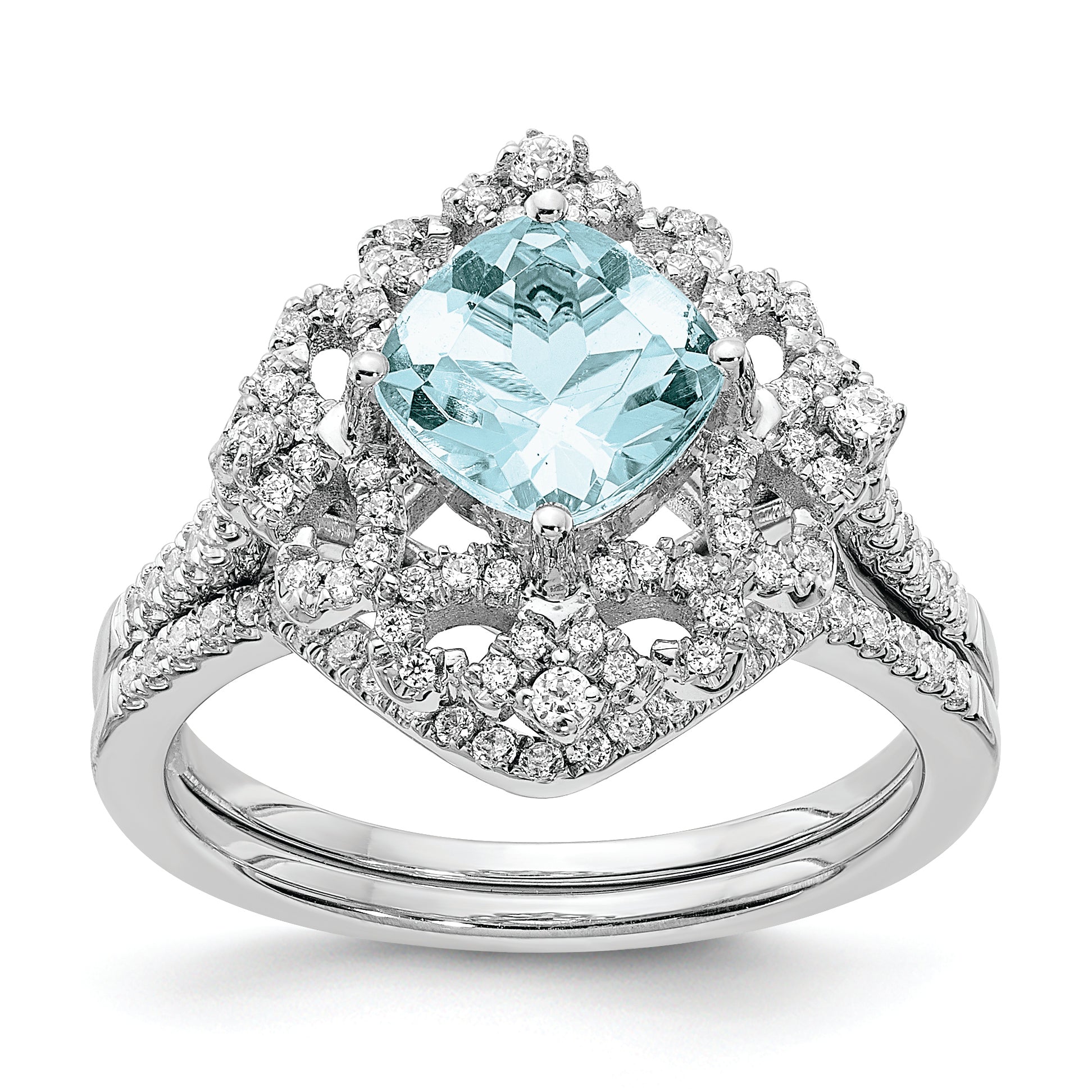 14K White Gold Blooming Bridal Vintage 7.00mm Cushion Cut Aquamarine And 1/3 Carat Diamond Complete Engagement Ring